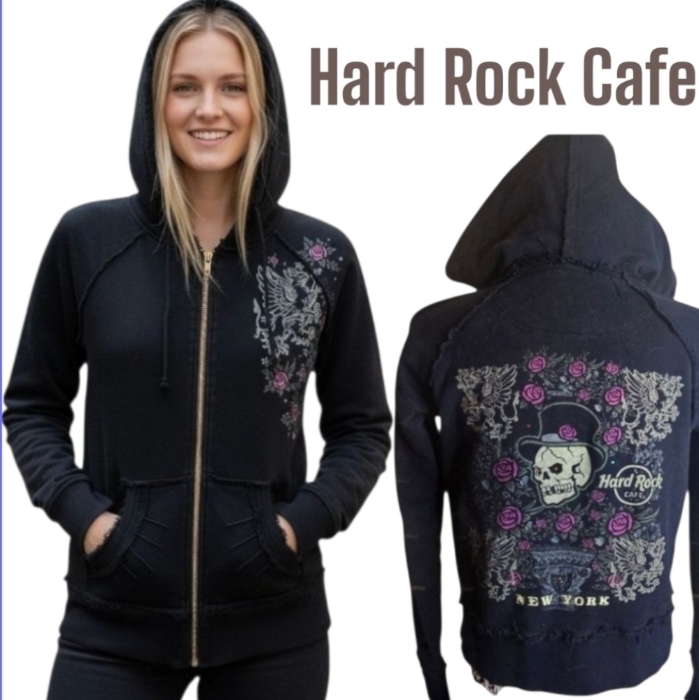 Hard Rock Cafe New York skeleton zip-up hoodie black purple distressed jacket